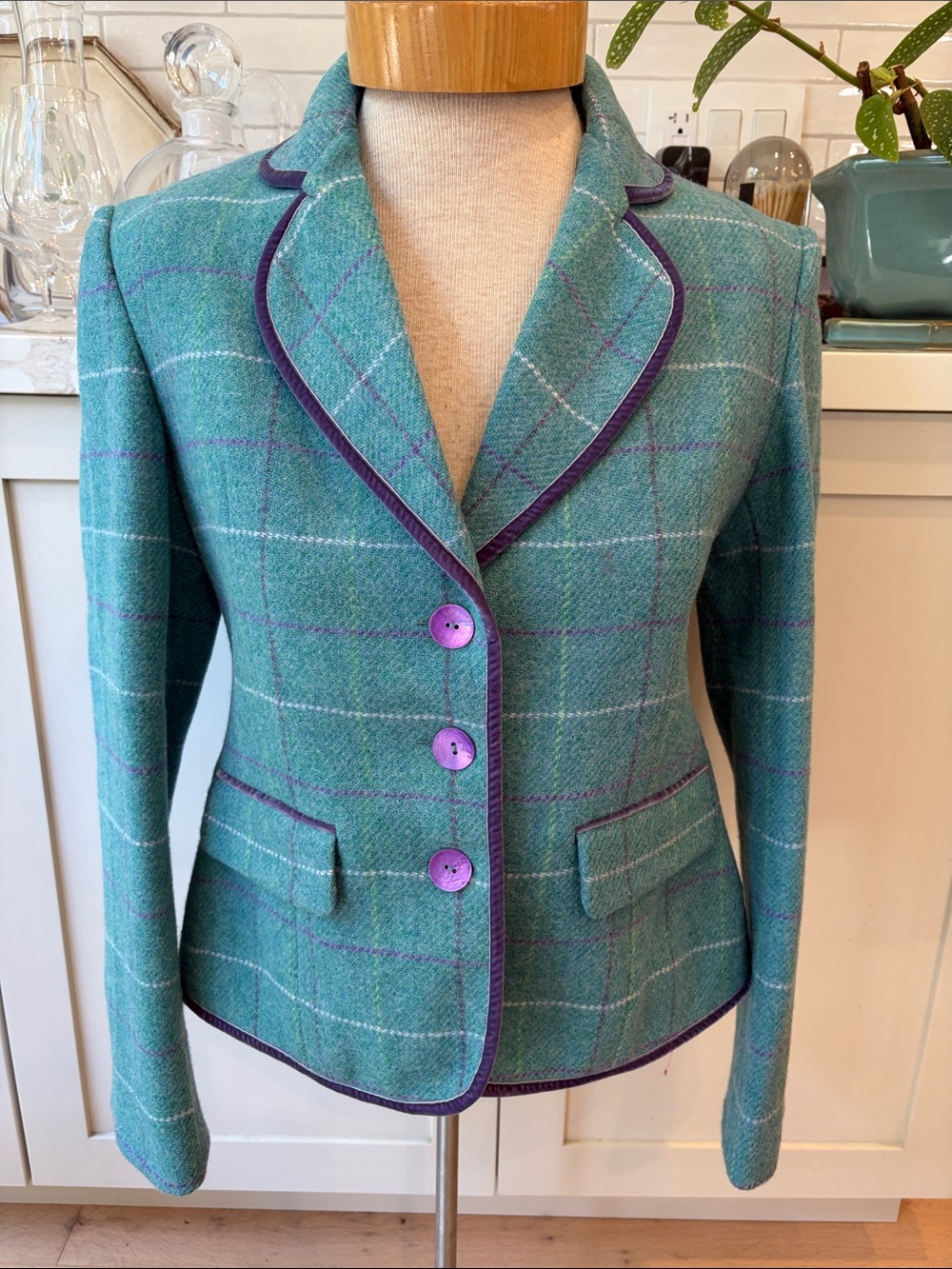 Scottish Wool Tweed Teal Plaid Wool Blazer with Purple Velvet Trim
